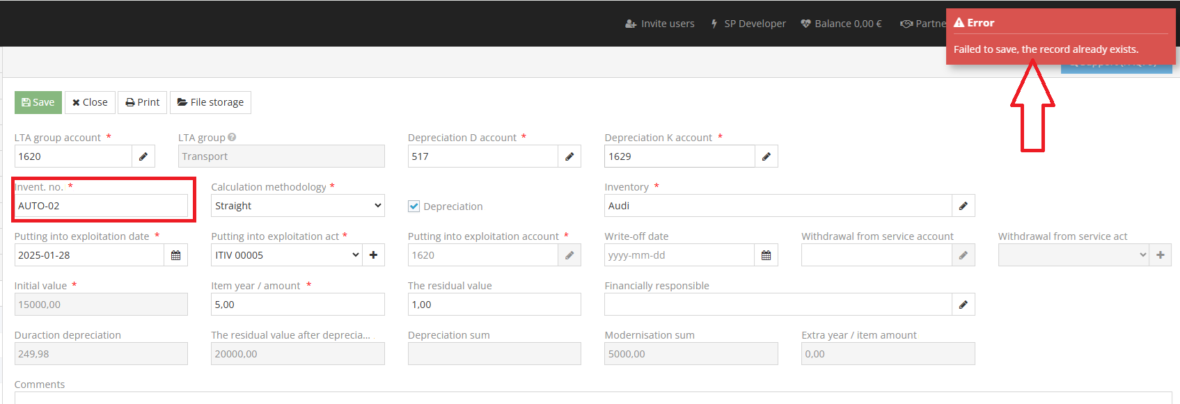 Error message: such record already exists for fixed asset registration